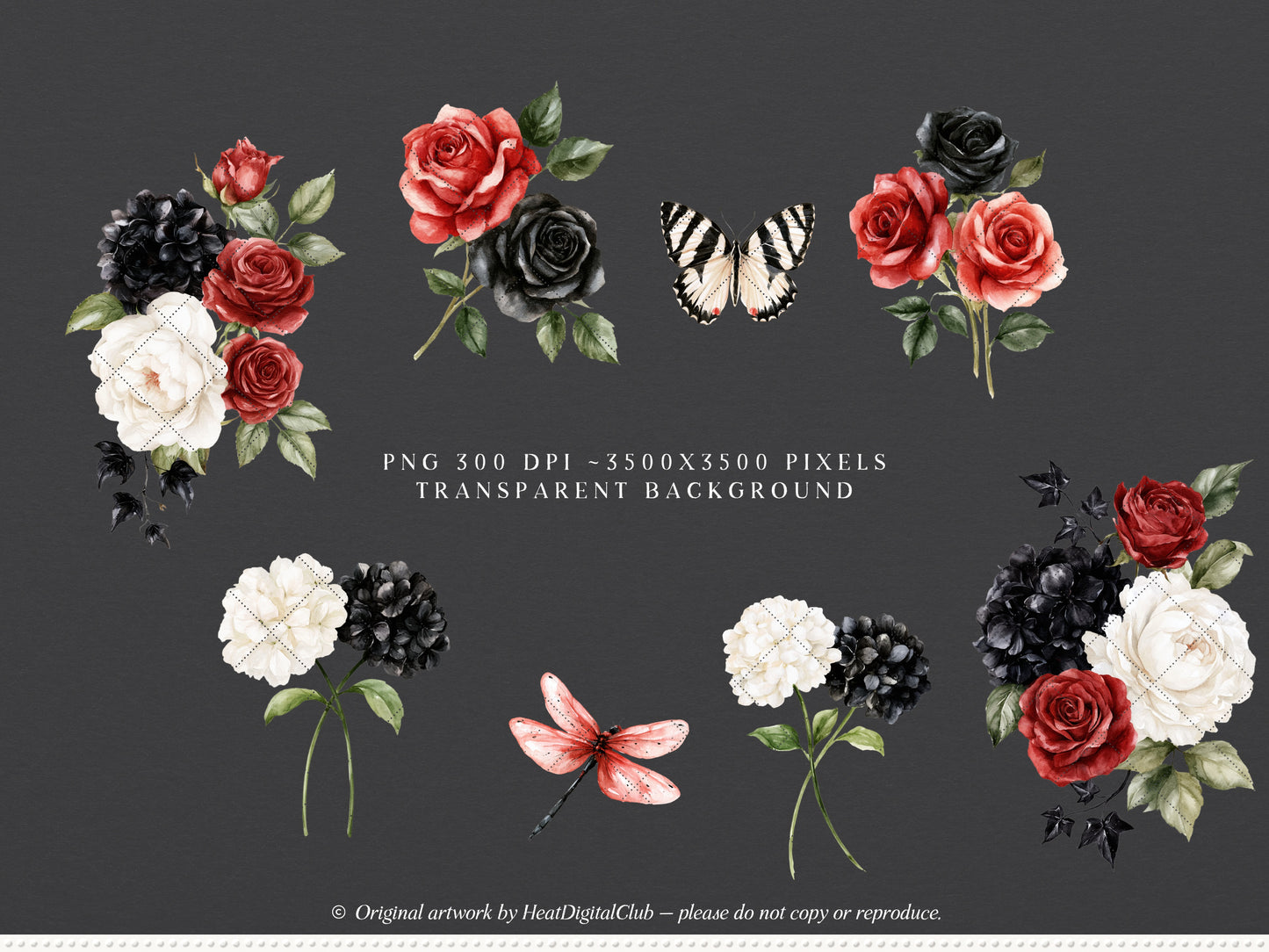 Midnight Cabaret - Watercolor Gothic Floral Arrangements, Black Red Roses Halloween Collection | 12 PNG