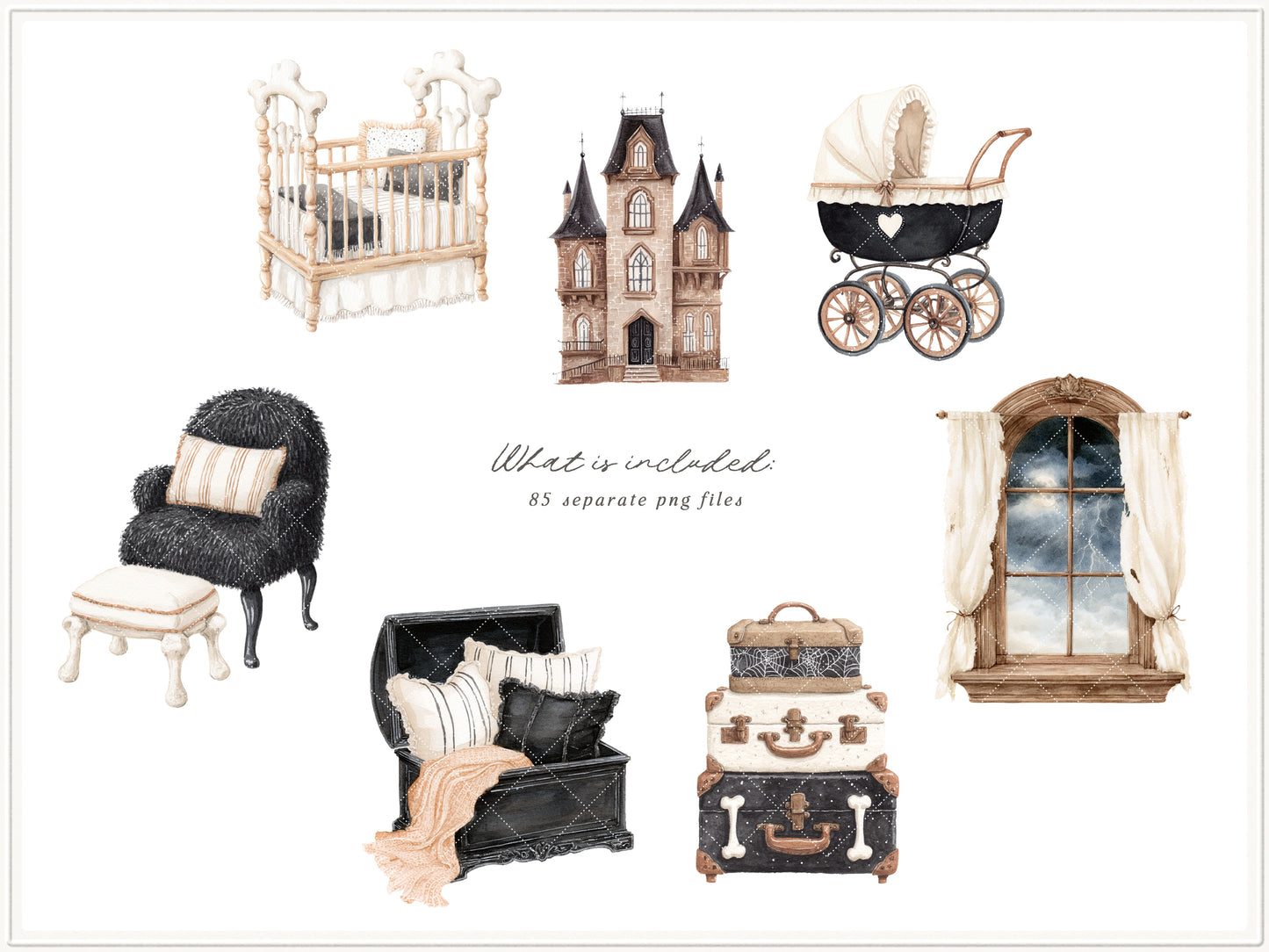 Haunted Atelier - Watercolor Halloween Clipart, Neutral Spooky PNG & Seamless Patterns | 95 PNG/JPEG