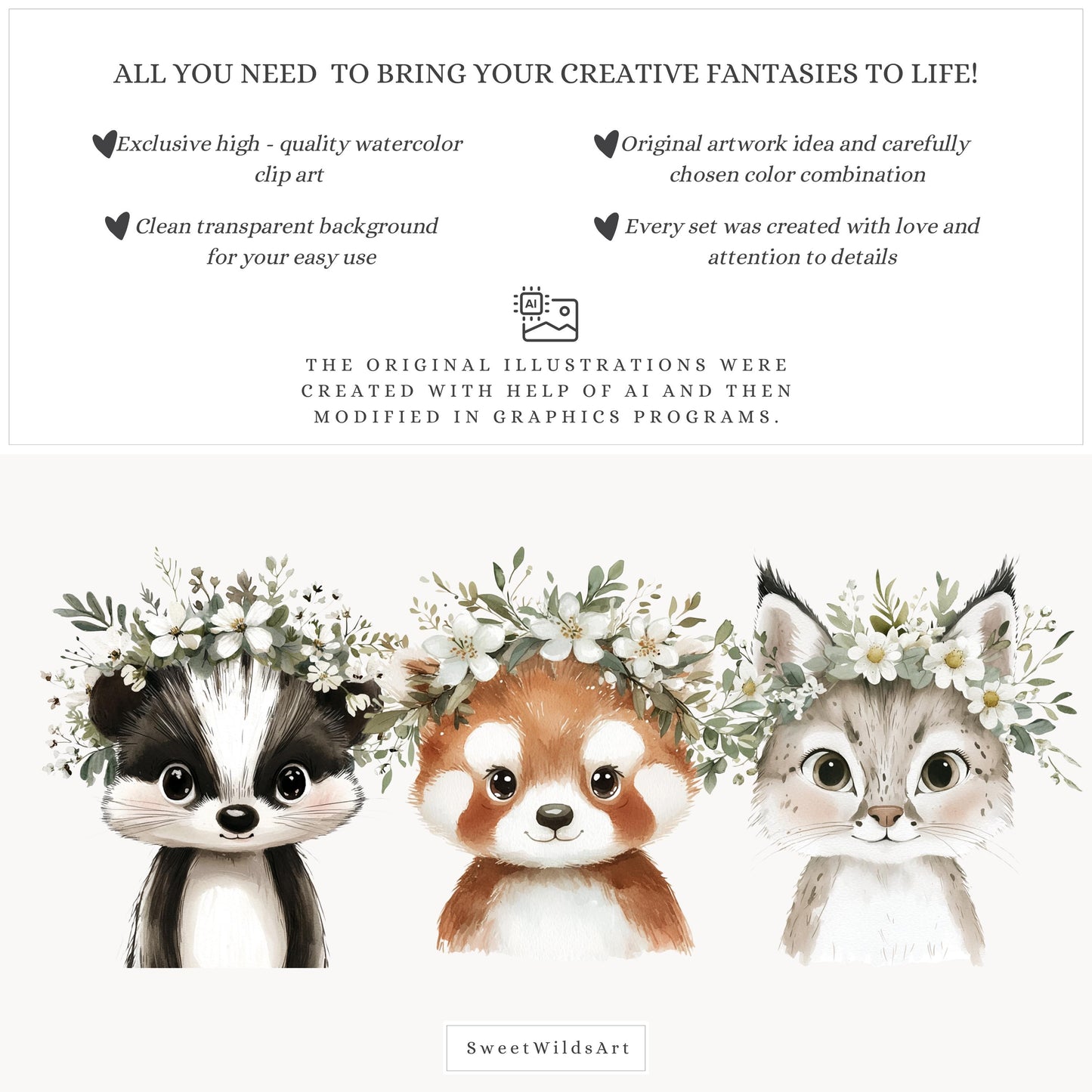 Woodland Portraits - Spring Cute Animals Clipart, Baby Shower, Nursery | 18 PNG