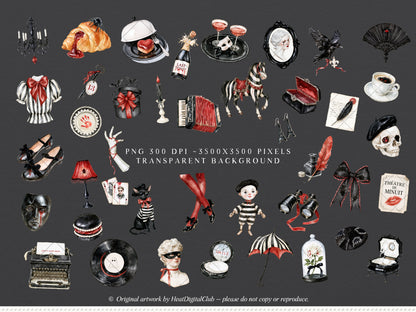 Midnight Cabaret - Watercolor Halloween Clipart Bundle, Paris Gothic Mime Collection | 60 PNG