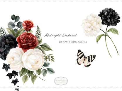 Midnight Cabaret - Watercolor Gothic Floral Arrangements, Black Red Roses Halloween Collection | 12 PNG