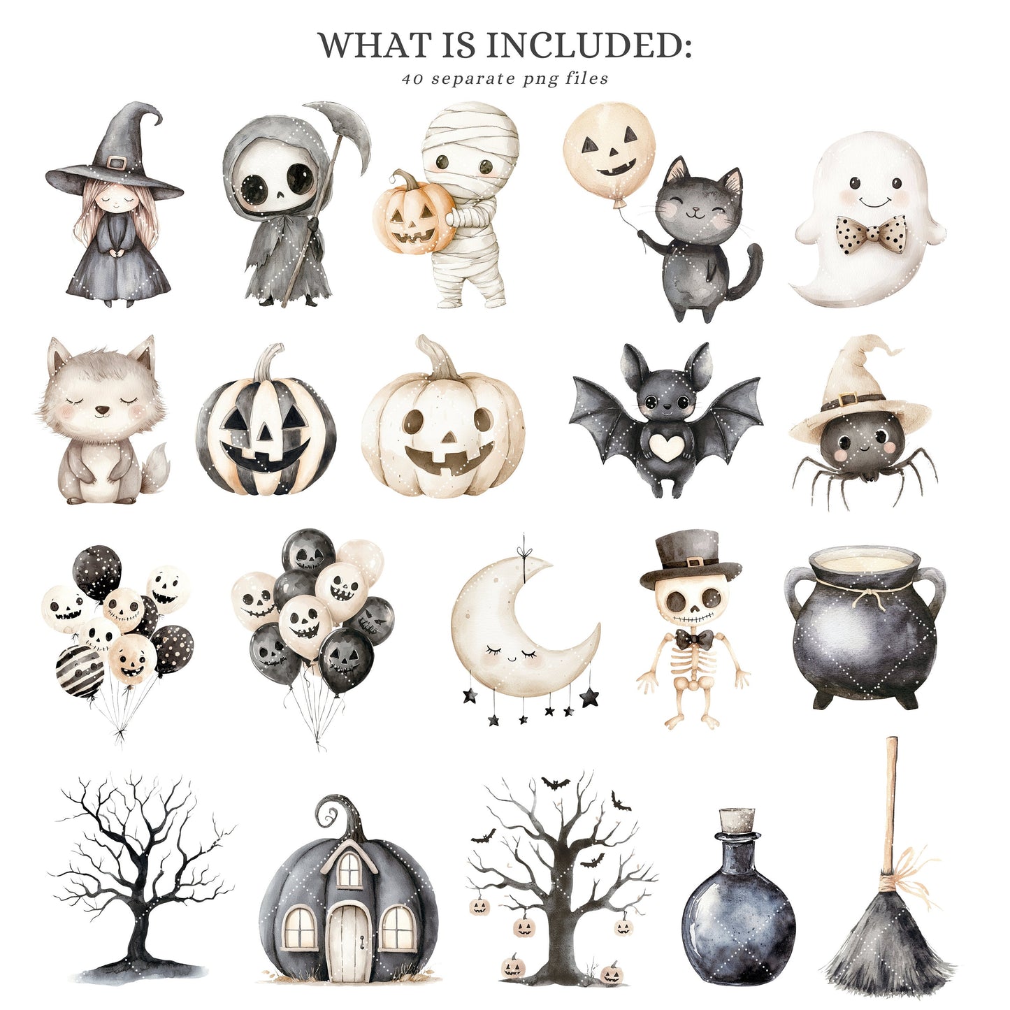 Neutral Hallow - Cute Halloween Clipart, Pastel Spooky, Pumpkin, Little Ghost | 40 PNG