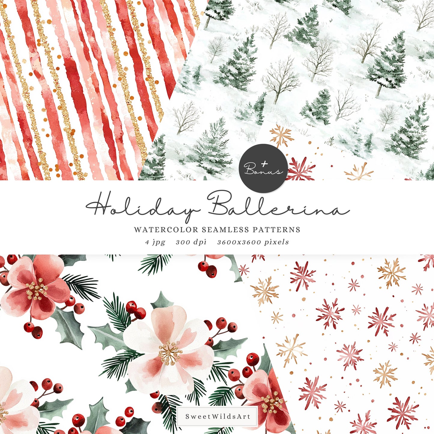 Holiday Ballerina - Cute Xmas Ballet, Christmas Flowers Clipart, Winter Ballerina | 44 PNG