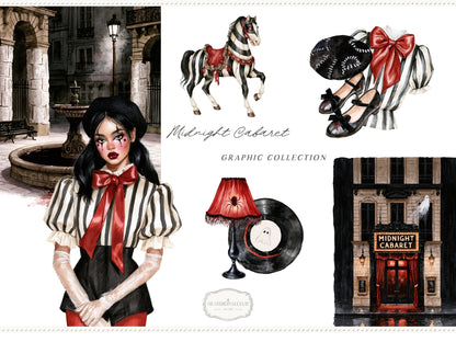 Midnight Cabaret - Watercolor Halloween Clipart Bundle, Paris Gothic Mime Collection | 60 PNG