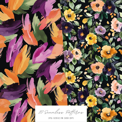 Dark Blooms - Seamless Patterns, Moody Floral, Gothic, Floral | 10 JPEG