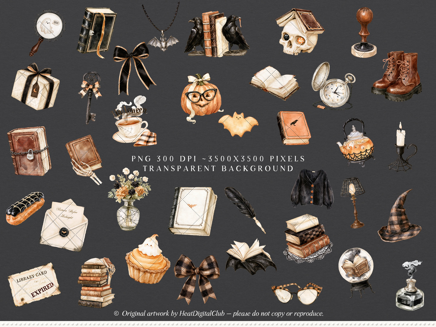 Haunted Pages - Watercolor Halloween Reading Clipart & Seamless Patterns Bundle, Gothic Library Books Graphics | 87 PNG/JPEG