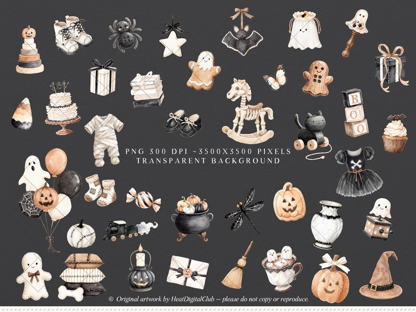 Haunted Atelier - Watercolor Halloween Clipart, Neutral Spooky PNG & Seamless Patterns | 95 PNG/JPEG