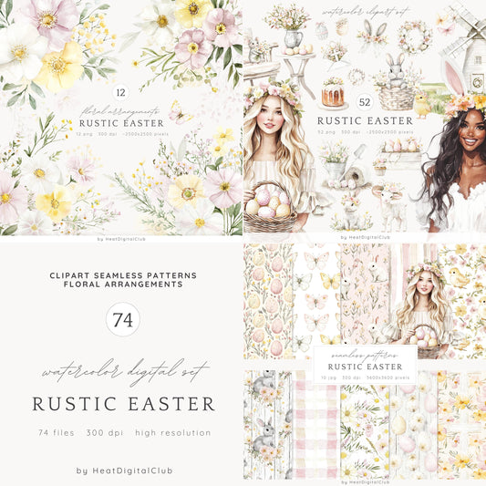 Rustic Easter - Collection Bundle, Pastel Clipart, Bunny, Spring | 74 PNG/JPEG
