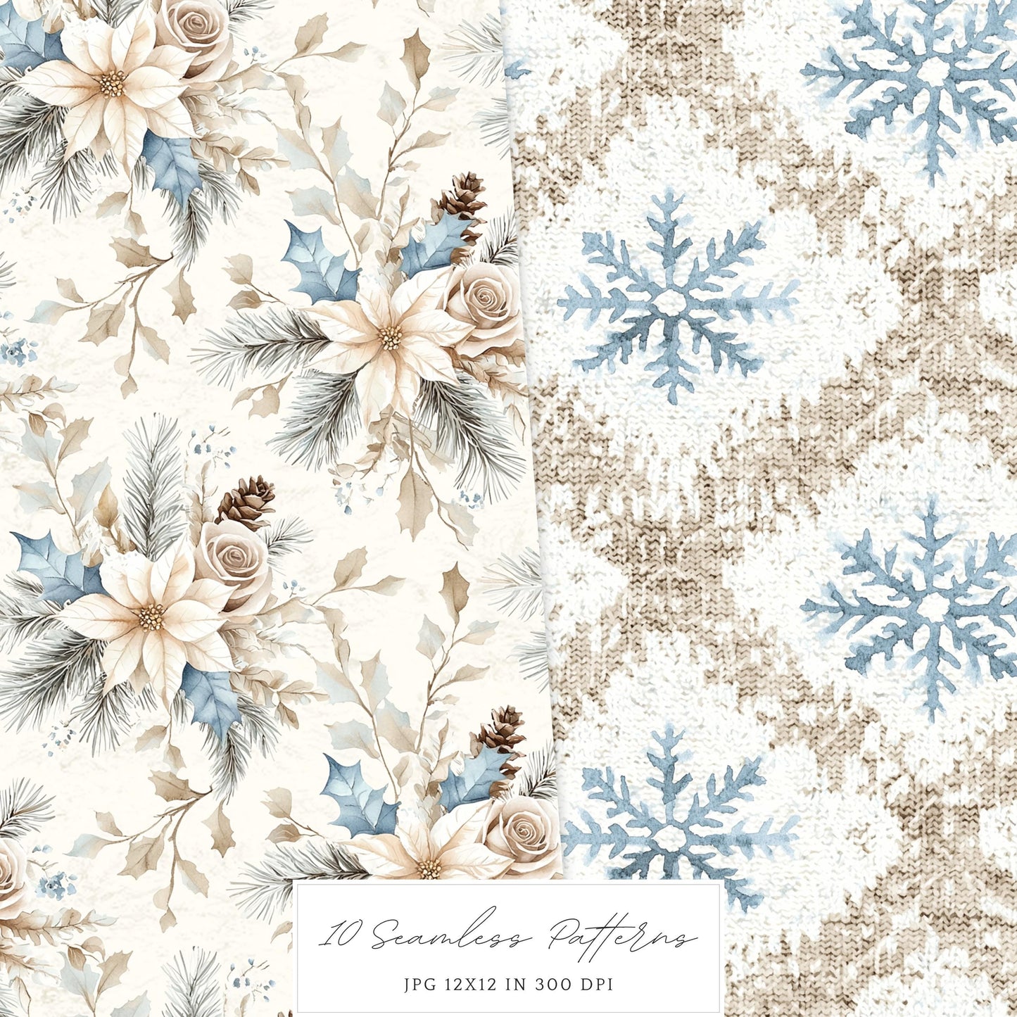 Frosty Coziness - Seamless Patterns, Winter Rustic, Snowflakes | 10 JPEG