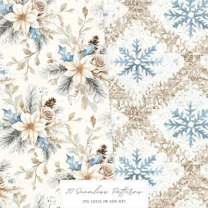 Frosty Coziness - Seamless Patterns, Winter Rustic, Snowflakes | 10 JPEG