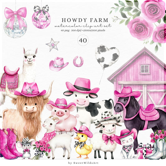 Howdy Farm - Western Clipart, Cottage Animals, Cow, Pig, Sheep, Pony | 40 PNG