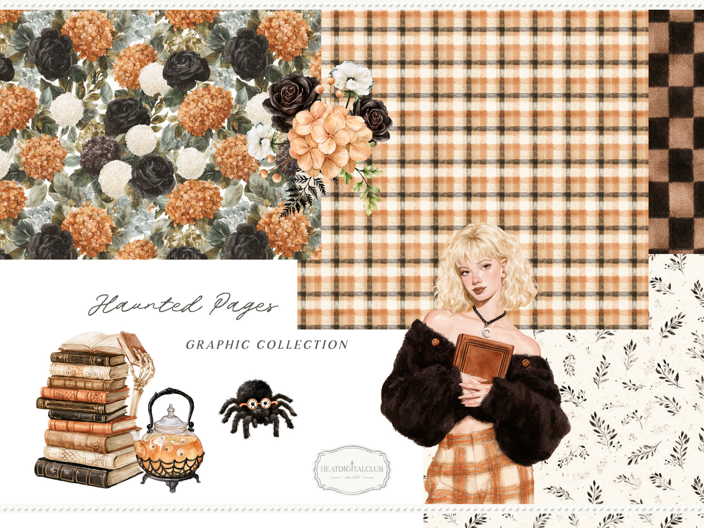 Haunted Pages - Watercolor Halloween Reading Clipart & Seamless Patterns Bundle, Gothic Library Books Graphics | 87 PNG/JPEG