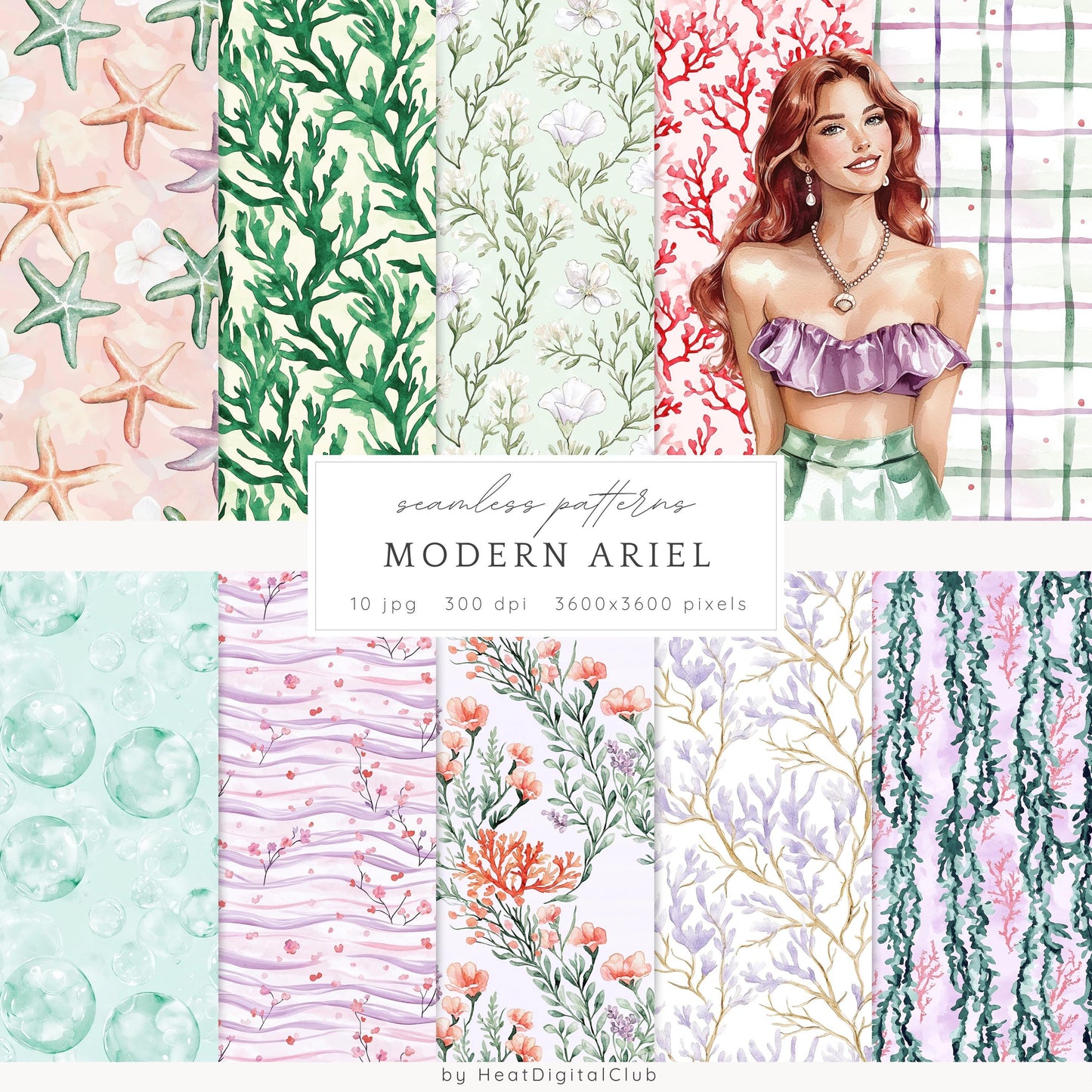 Modern Ariel - Coral, Ocean Seamless Patterns | 10 JPEG