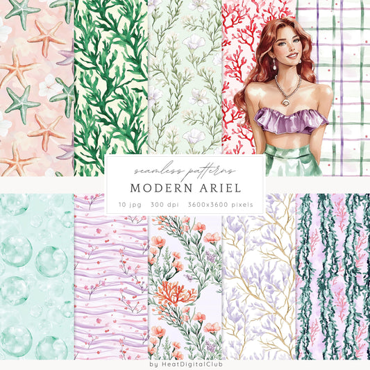 Modern Ariel - Coral, Ocean Seamless Patterns | 10 JPEG