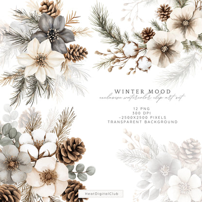 Winter Mood - Floral Arrangement, Cozy Clipart, Flowers, Poinsettia | 12 PNG