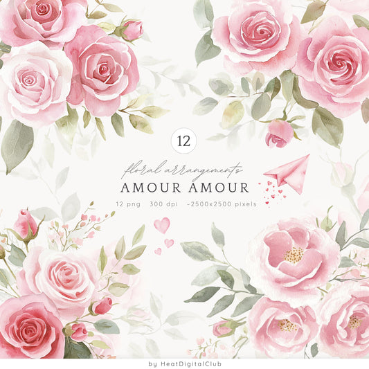 Amour Amour - Valentines Day Floral Arrangements Clipart, Pink Roses | 12 PNG