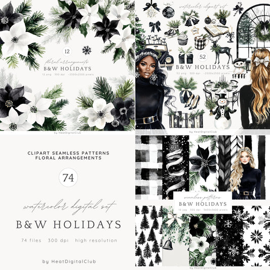 Black and White Holidays - Collection Bundle, Cozy Winter Clipart | 74 PNG/JPEG