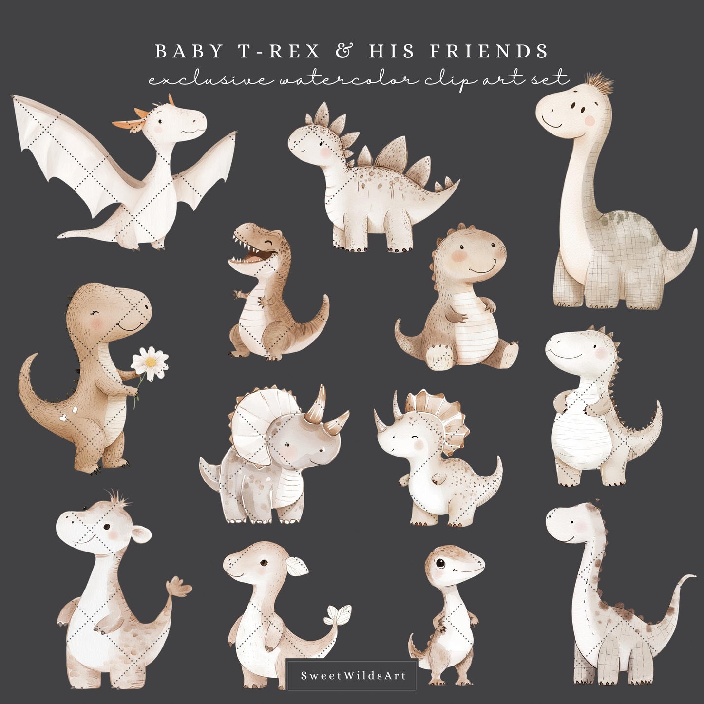 Baby T-Rex and his Friends - Cute Dinosaur Clipart,  Dino Birthday,  Nursery Art | 25 PNG