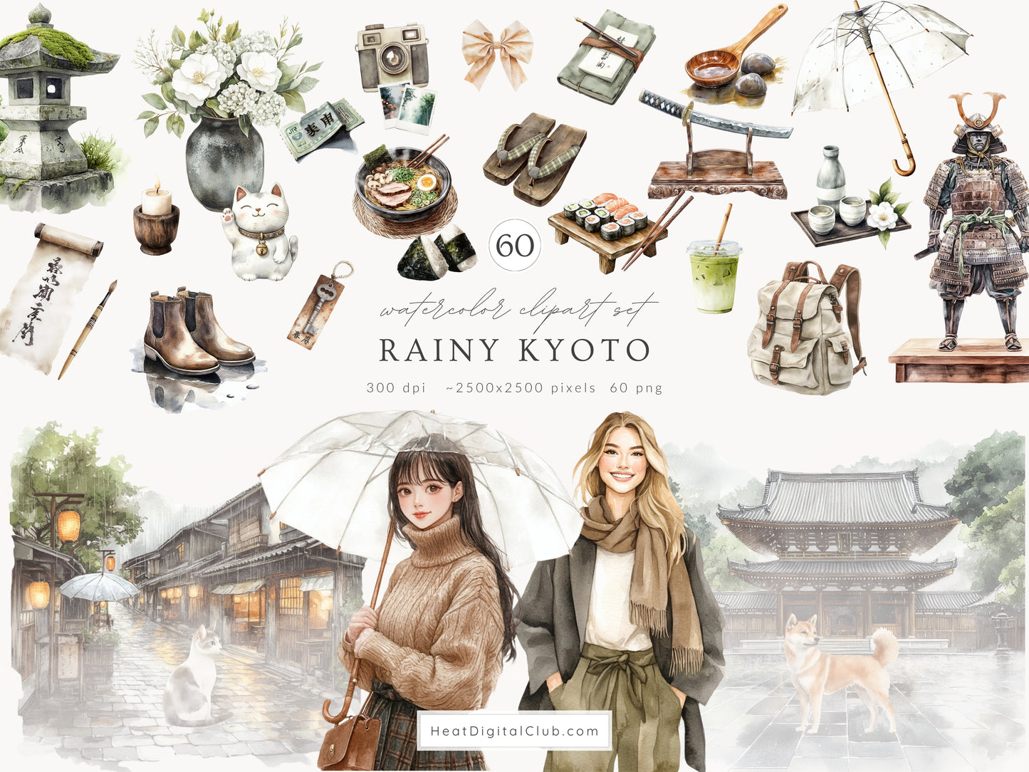 Rainy Kyoto - Japanese Aesthetic Clipart, Cozy Rainy City, Kyoto Travel, Japan | 60 PNG