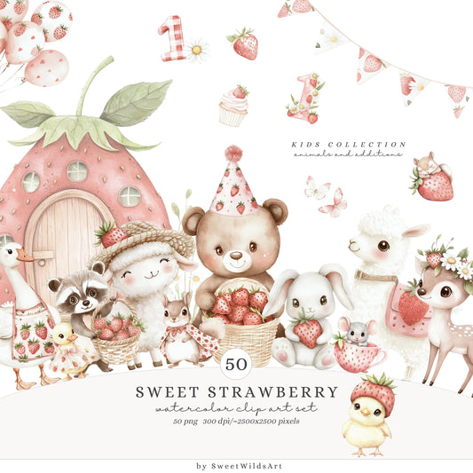 Sweet Strawberry - Baby Animals Clipart Set | 50 PNG
