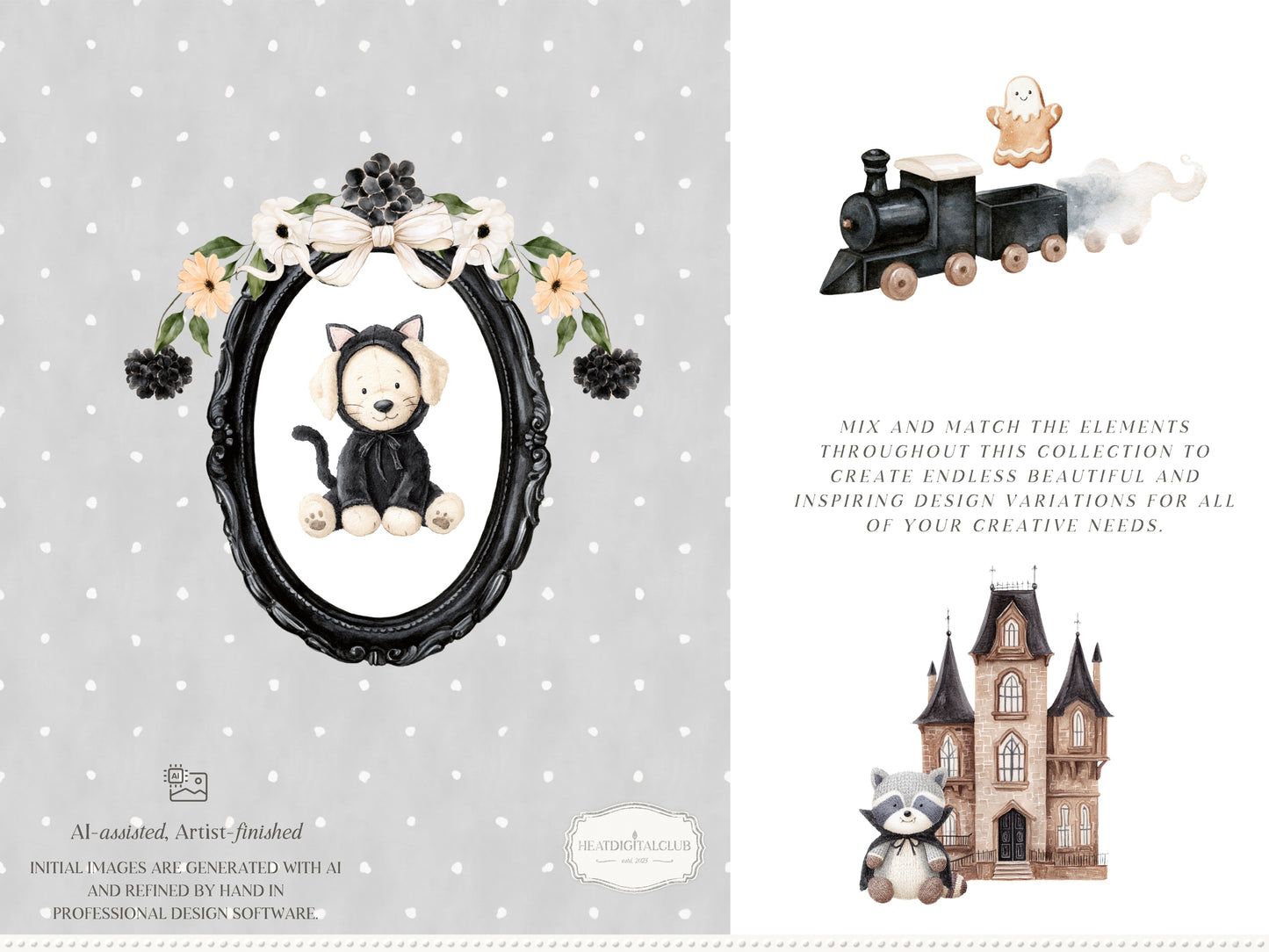 Haunted Atelier - Watercolor Halloween Clipart, Neutral Spooky PNG & Seamless Patterns | 95 PNG/JPEG