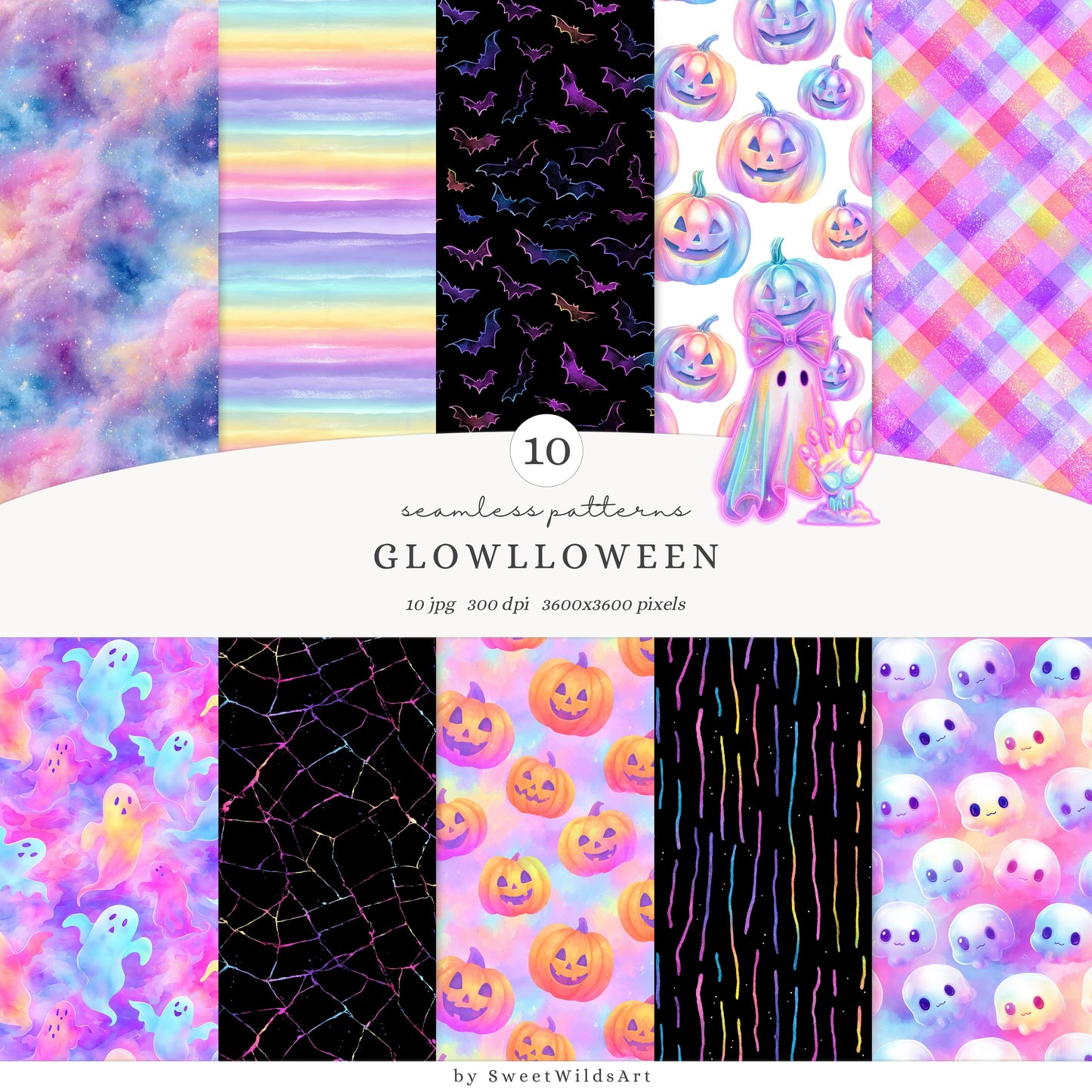 Glowlloween - Neon Seamless Halloween Patterns,Cute Ghost & Pumpkin | 10 JPEG