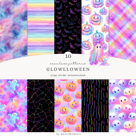 Glowlloween - Neon Seamless Halloween Patterns,Cute Ghost & Pumpkin | 10 JPEG