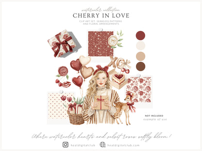 Cherry in Love - Valentine's Day Clipart, Cute Animals, Hearts, Cupcakes, Romantic Love | 70 PNG