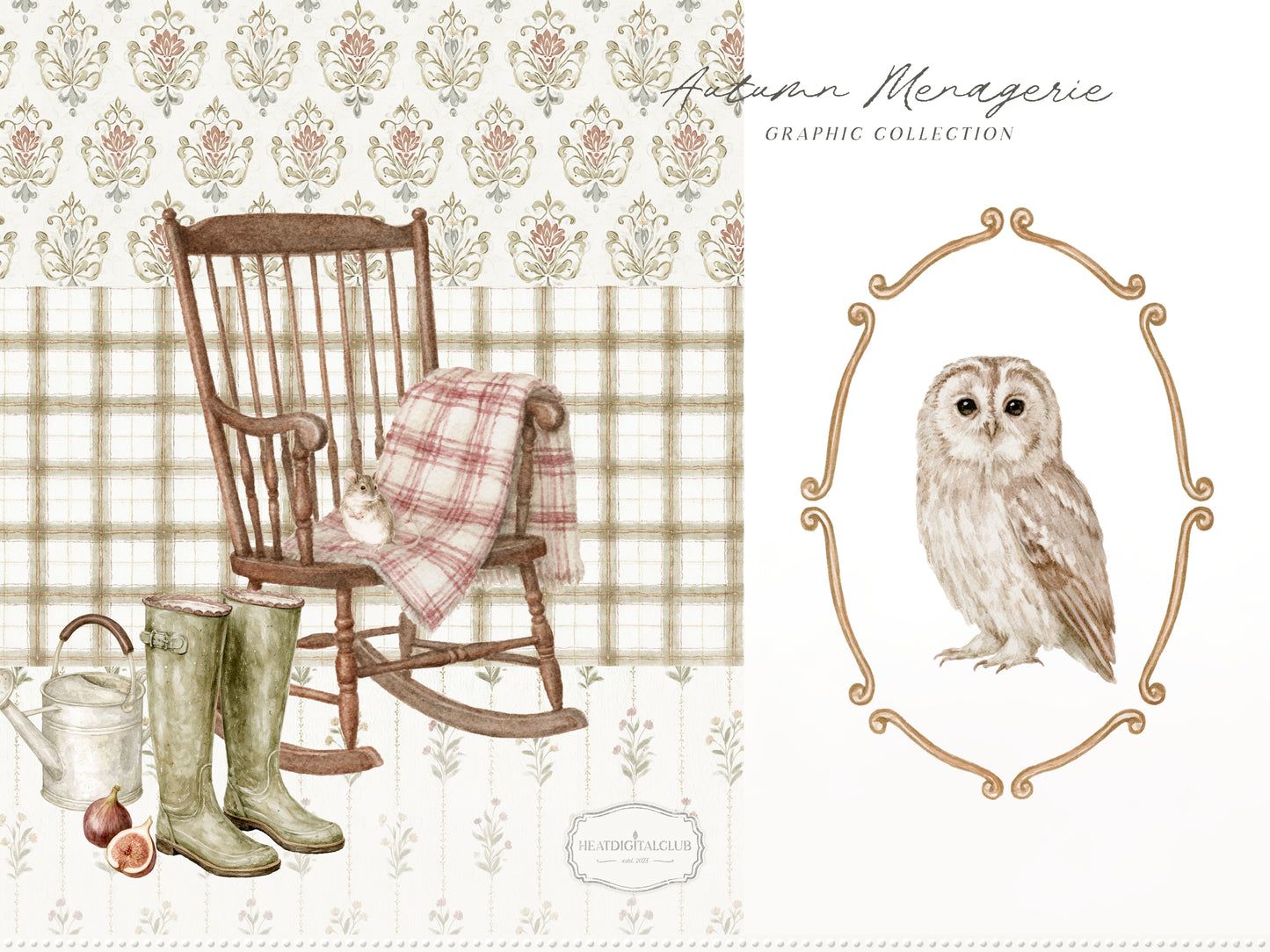 Autumn Menagerie - Watercolor Fall Clipart and Seamless Patterns Bundle, Rustic Garden Graphics | 90 PNG/JPEG