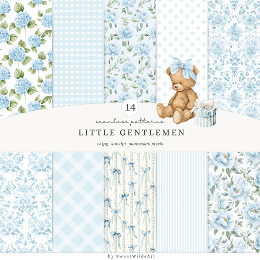 Little Gentlemen - Seamless Patterns, Blue Gingham & Floral , Coquette Patterns, Baby Boy | 14 JPEG