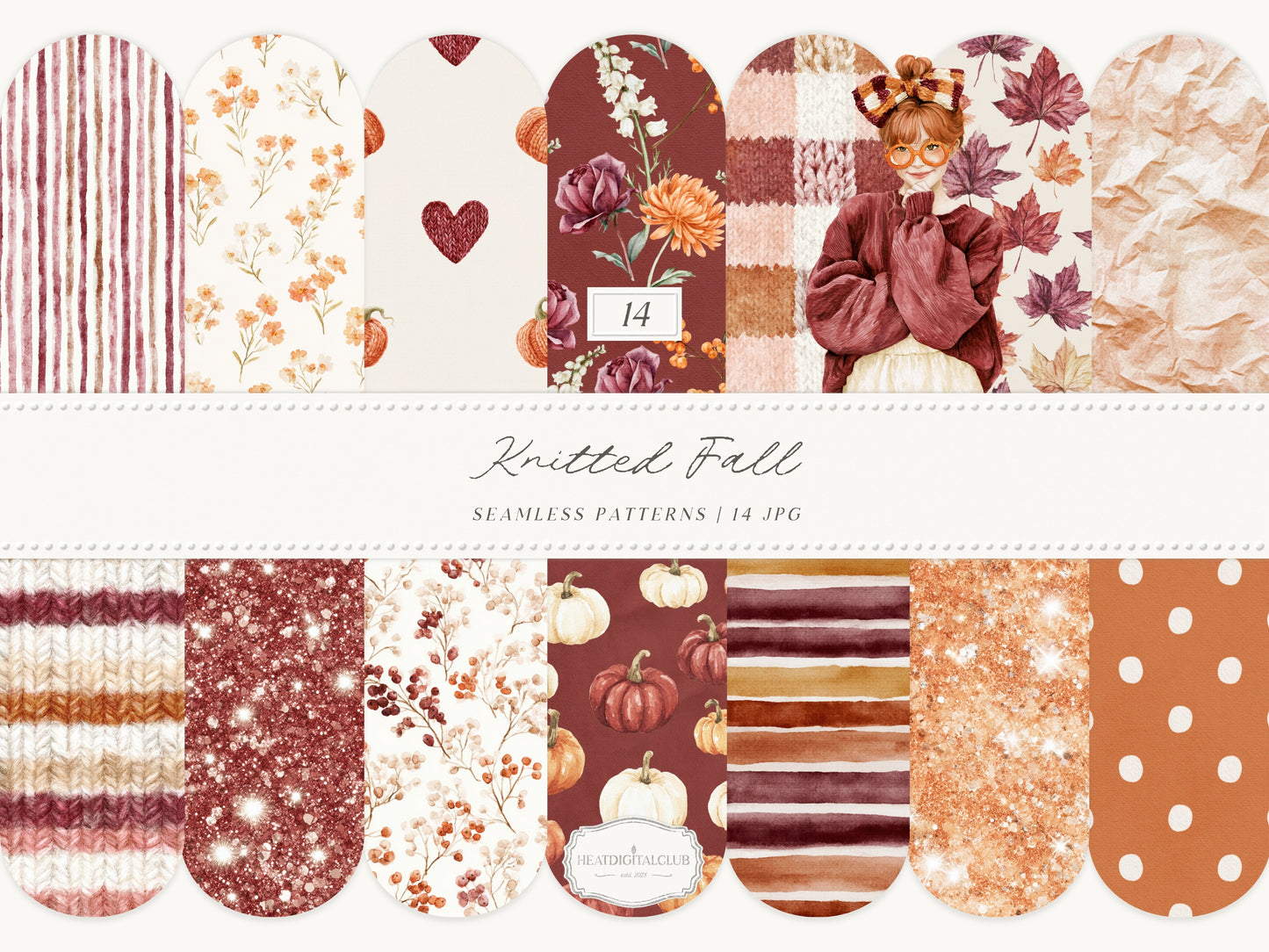 Knitted Fall - Seamless Patterns, Autumn Gingham Paper, Cozy Knit Pattern, Pumpkin Paper, Fall Scrapbook | 14 JPEG