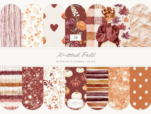 Knitted Fall - Seamless Patterns, Autumn Gingham Paper, Cozy Knit Pattern, Pumpkin Paper, Fall Scrapbook | 14 JPEG