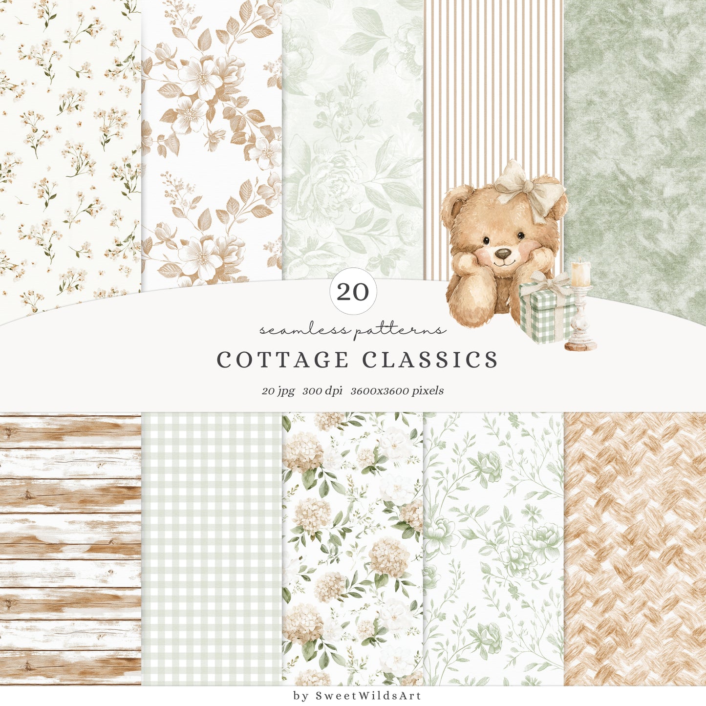 Cottage Classics - Seamless Patterns, French Countryside Elegant Gingham Floral, Rustic |
