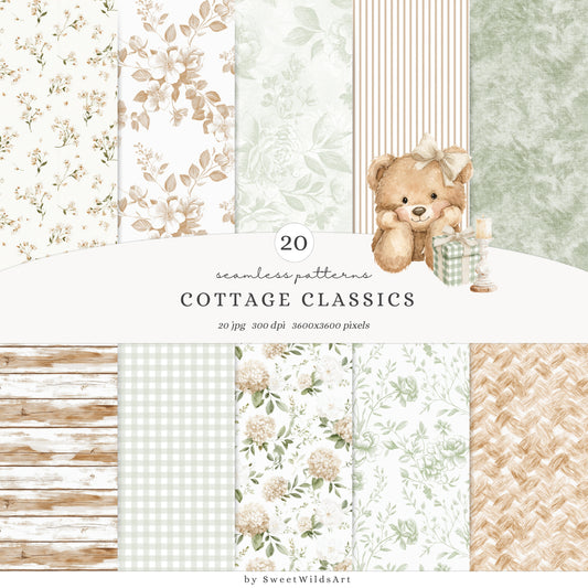 Cottage Classics - Seamless Patterns, French Countryside Elegant Gingham Floral, Rustic |
