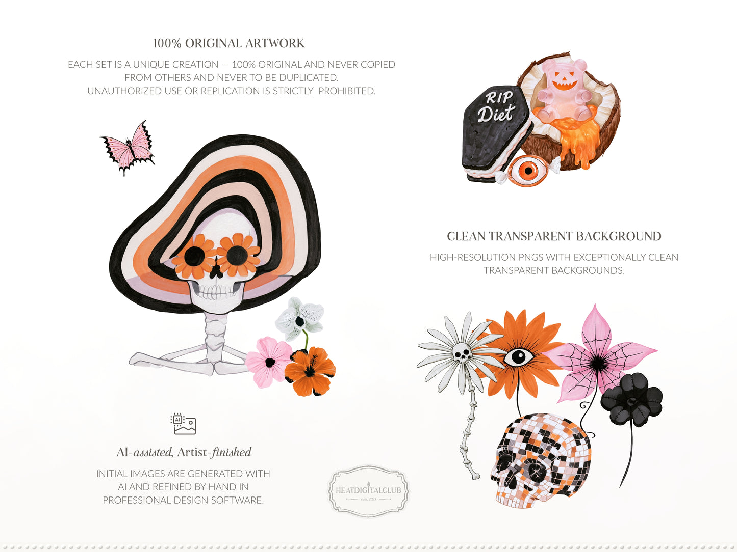 Summerween - Clipart Bundle, Halloween Summer, Spooky Beach Party, Pink Orange Black, Seamless Patterns | 96 PNG/JPEG