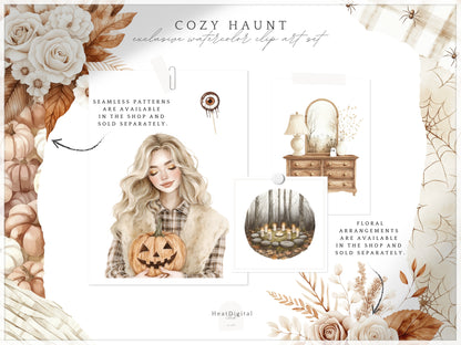 Cozy Haunt - Soft Halloween, Neutral Clipart, Autumn Ghost, Spooky | 60 PNG