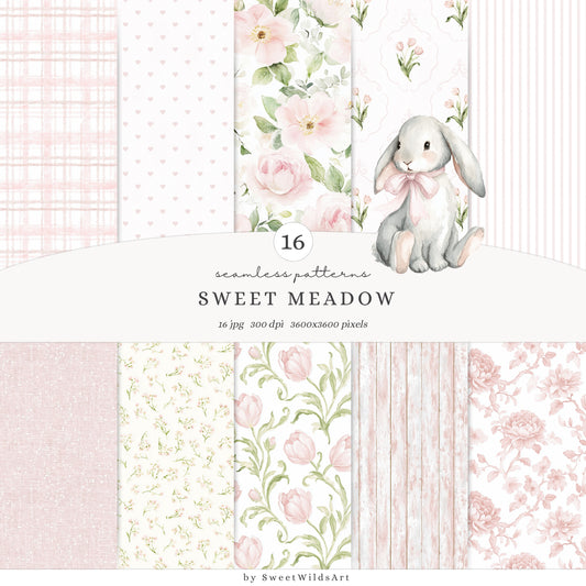 Sweet Meadow - Seamless Patterns, Spring Floral, Pink Gingham, Pastel Papers, Nursery | 16 JPEG