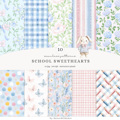 School Sweethearts - Back to School Seamless Patterns, Grandmillennial, Florals | 10 JPEG