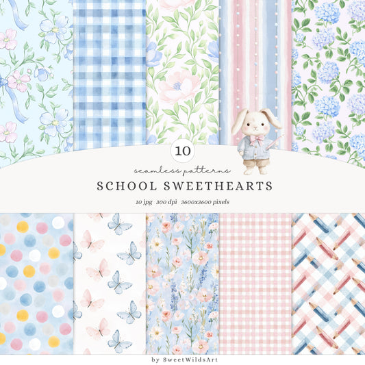 School Sweethearts - Back to School Seamless Patterns, Grandmillennial, Florals | 10 JPEG