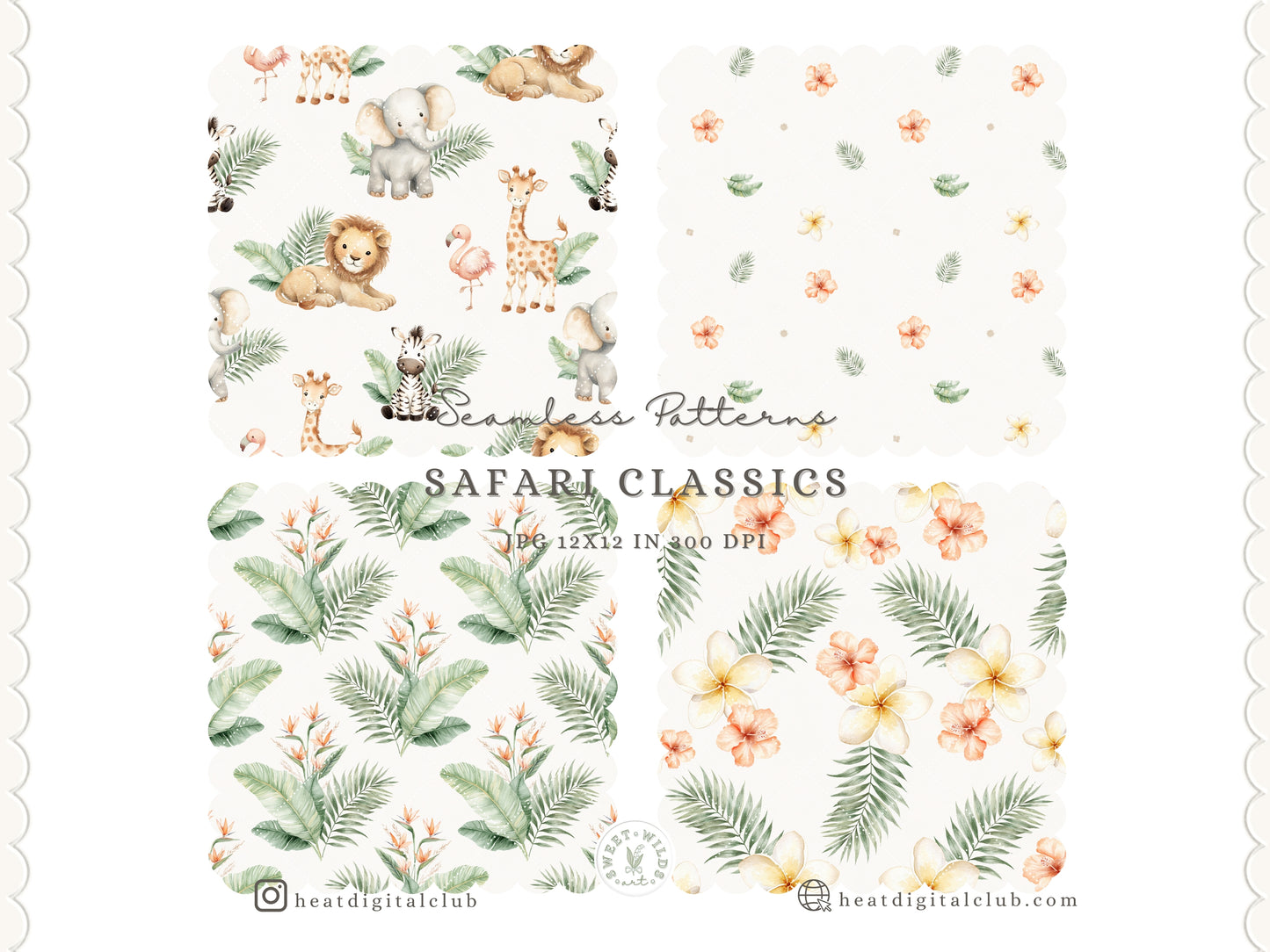 Safari Classics - Seamless Patterns, Animals, Jungle Nursery Digital Paper, Tropical Leaves | 16 JPEG
