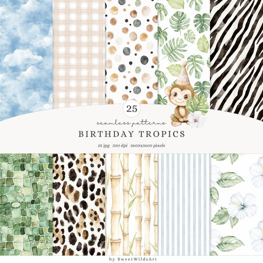 Birthday Tropics - Safari Seamless Patterns, Cute Jungle, Animal | 25 JPEG