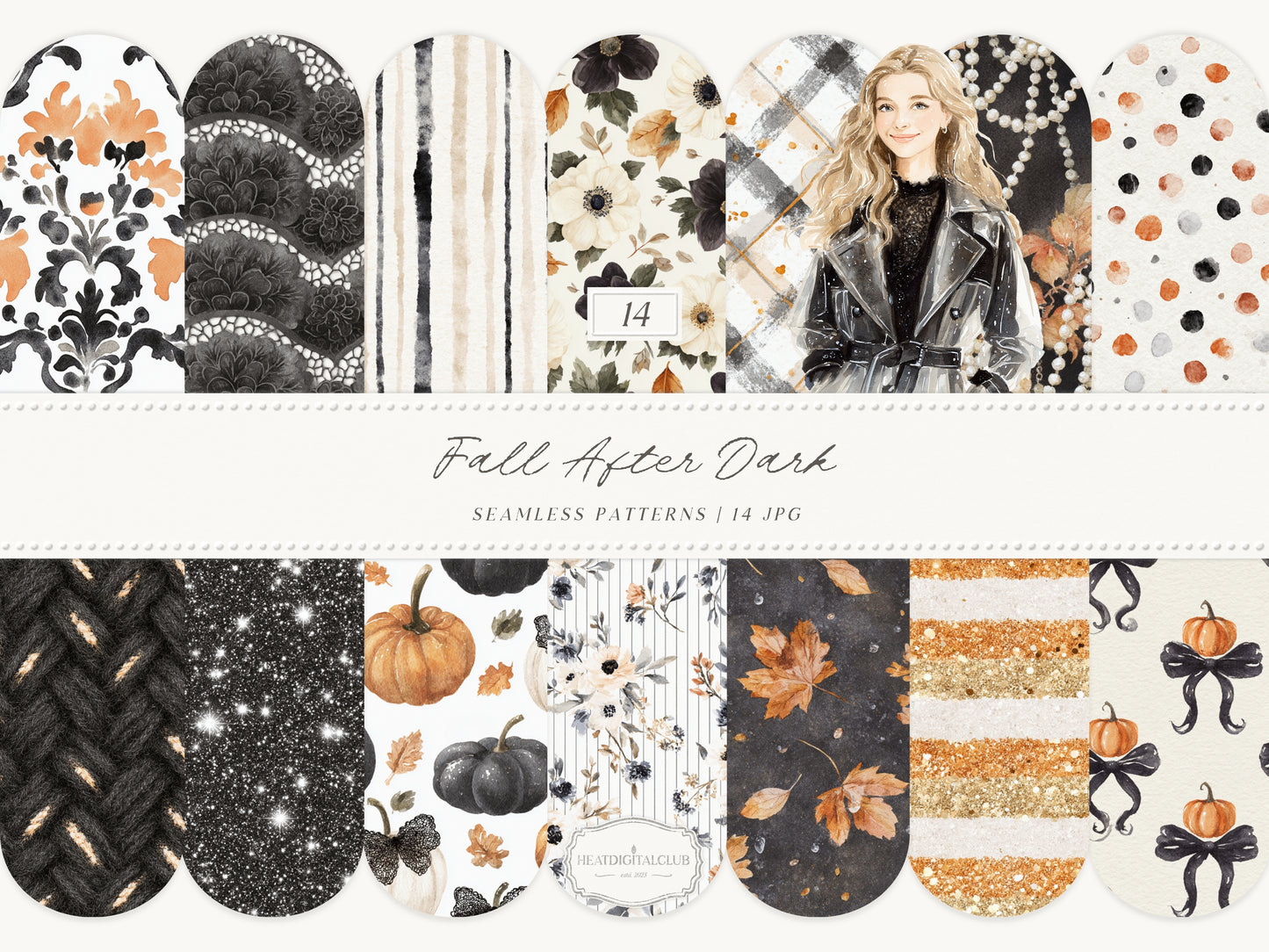 Fall After Dark - Seamless Patterns, Dark Coquette Fall, Black Lace Autumn Patterns, Moody Floral | 14 JPEG