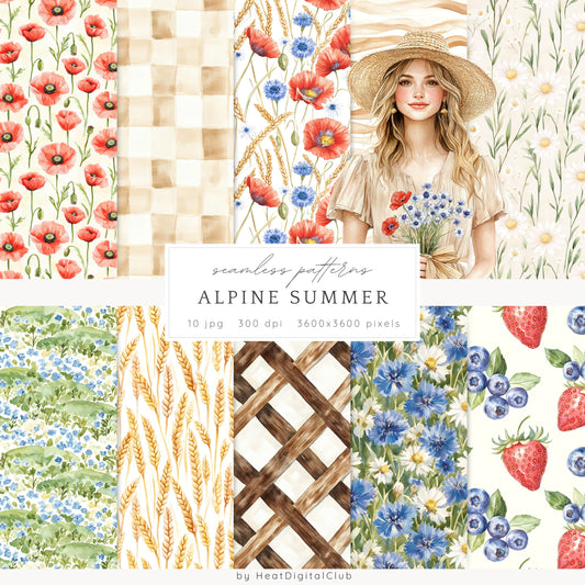 Alpine Summer - Seamless Patterns, Countryside Wildflower, Poppies | 10 JPEG