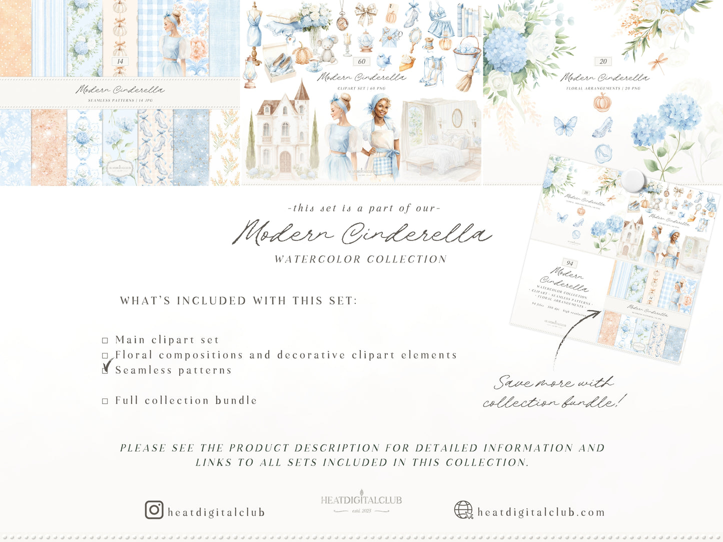 Modern Cinderella - Seamless Patterns, French Blue Floral, Hydrangea, Damask, Stripe, Gingham, Romantic | 14 JPEG