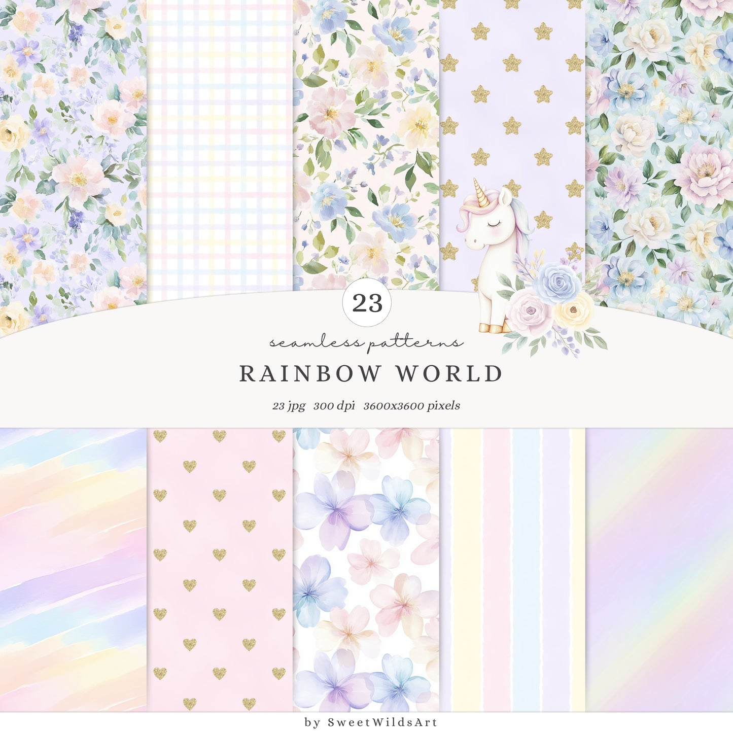 Rainbow World -  Collection Bundle, Fairytale Unicorns, Princess, Patterns & Florals | 90 PNG/JPEG