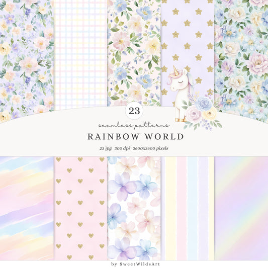 Rainbow World -  Seamless Patterns, Cute Fairytale Pastel | 23 JPEG
