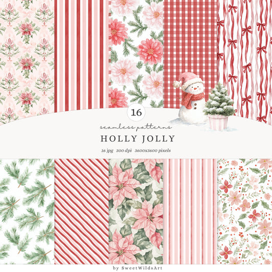 Holly Jolly - Christmas Seamless Patterns, Pink & Red Stripes, Holiday ,Winter | 16 JPEG