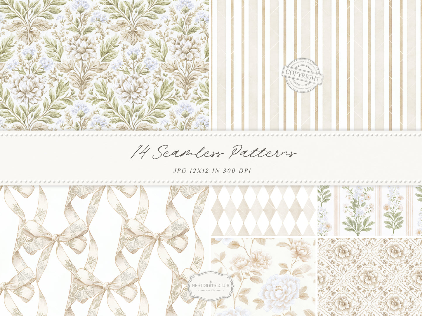 Grandmillennial Set 8 - Seamless Patterns, Beige Neutral Floral, Estate Botanical, Stripes, Damask Patterns | 14 JPEG