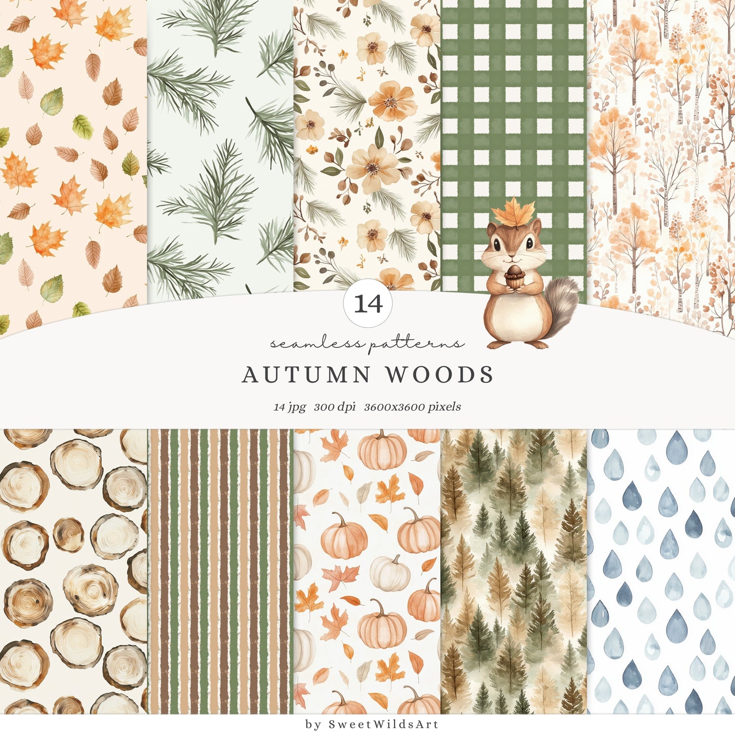 Autumn Woods - Seamless Patterns, Cozy Woodland, Fall Forest Patterns | 14 JPEG