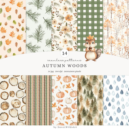 Autumn Woods - Seamless Patterns, Cozy Woodland, Fall Forest Patterns | 14 JPEG
